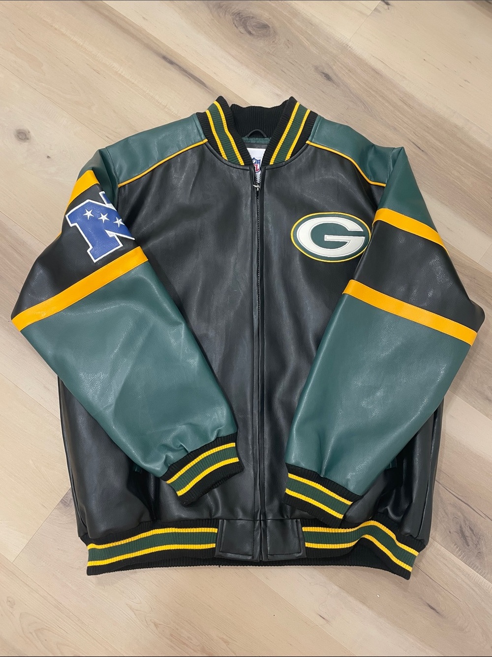 NFL Green Bay Packers Faux Leather Bomber Jacket with Ribbed Trim